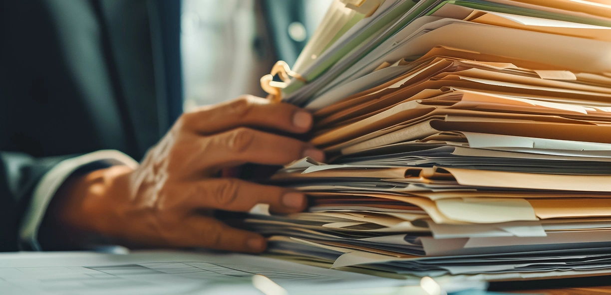 plan resser&eacute; d'un homme qui tient une pile de dossiers