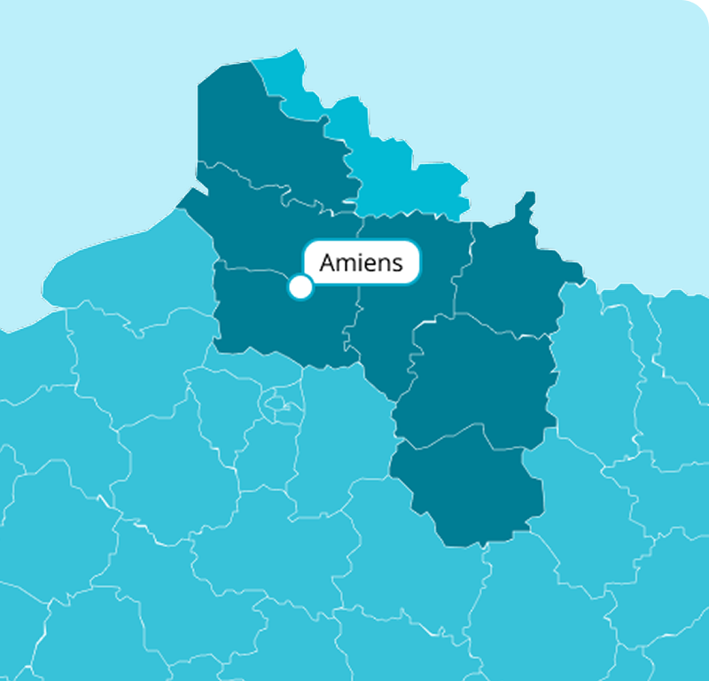 Carte du nord de la France montrant le centre CGEA d&rsquo;Amiens et ses d&eacute;partements associ&eacute;s.