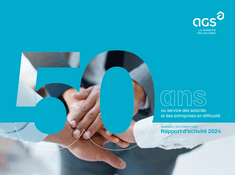 Couverture du rapport d&rsquo;activit&eacute; 2024 de l&rsquo;AGS : &ldquo;50 ans&rdquo;, mains jointes, logo AGS