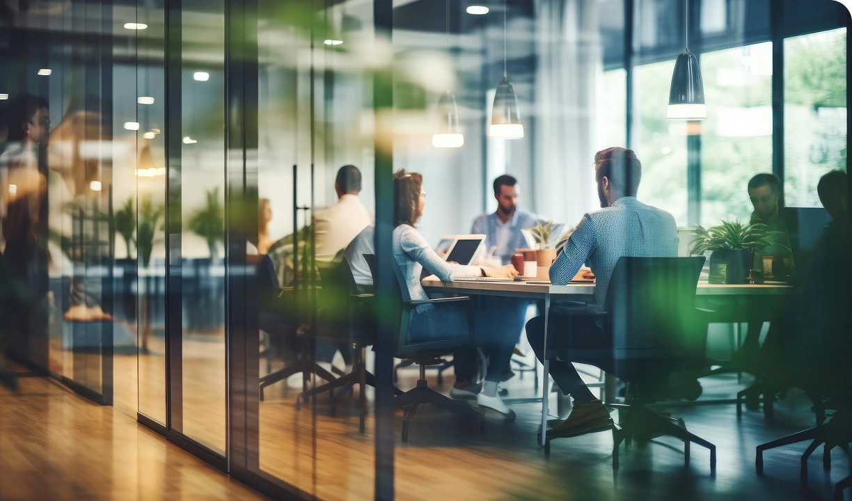 Des collaborateurs en r&eacute;union dans une salle vitr&eacute;e, &eacute;changeant autour d&rsquo;une table de travail.