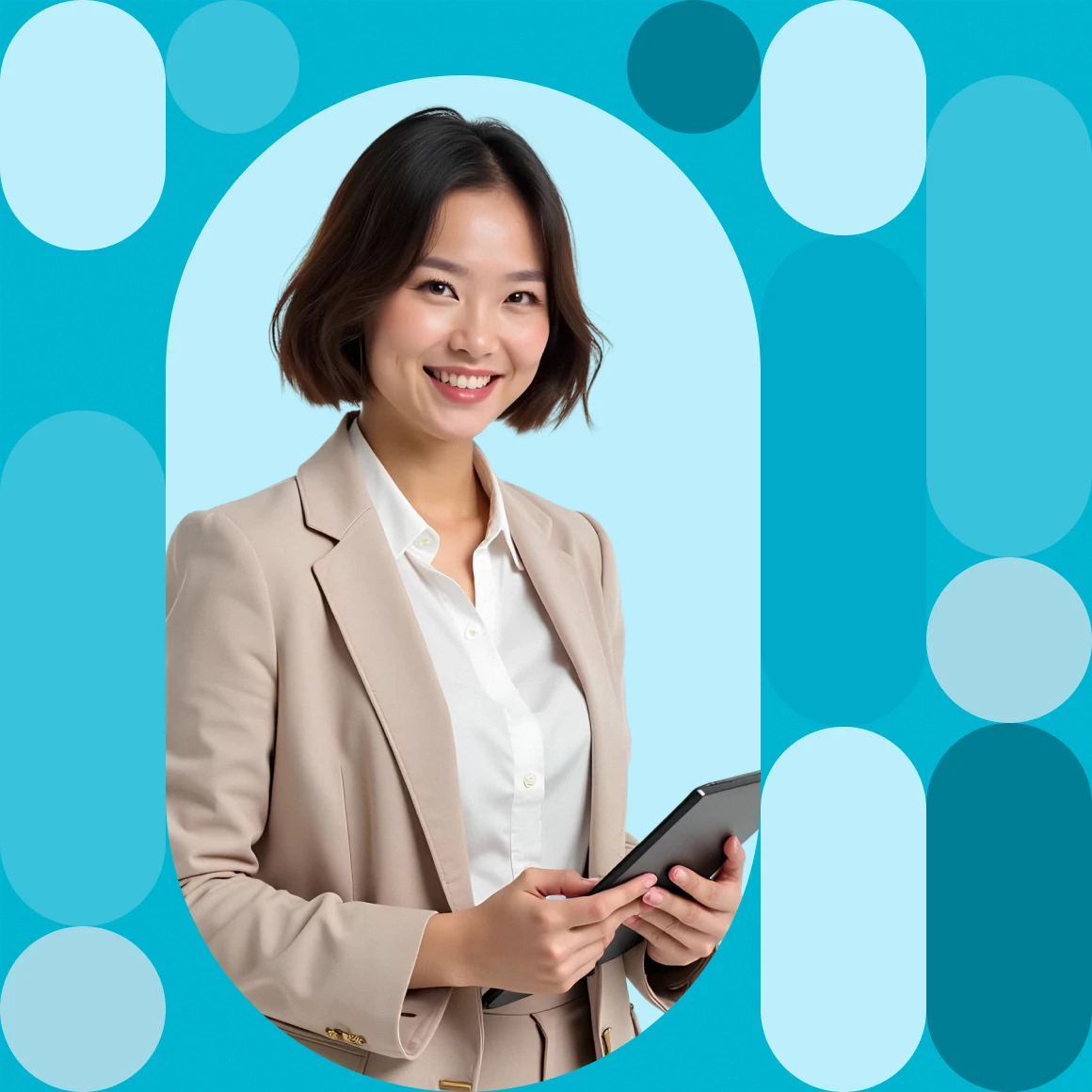 KV presentation femme tenant une tablette sur fond bleu
