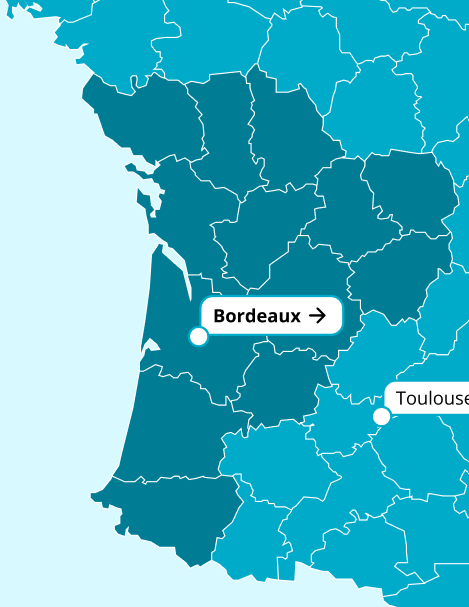 emplacement sur carte du centre de de Bordeaux avec ses d&eacute;partements concern&eacute;s