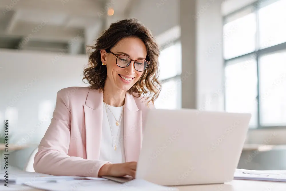 Femme souriante portant un blazer rose travaillant sur un ordinateur portable au bureau
