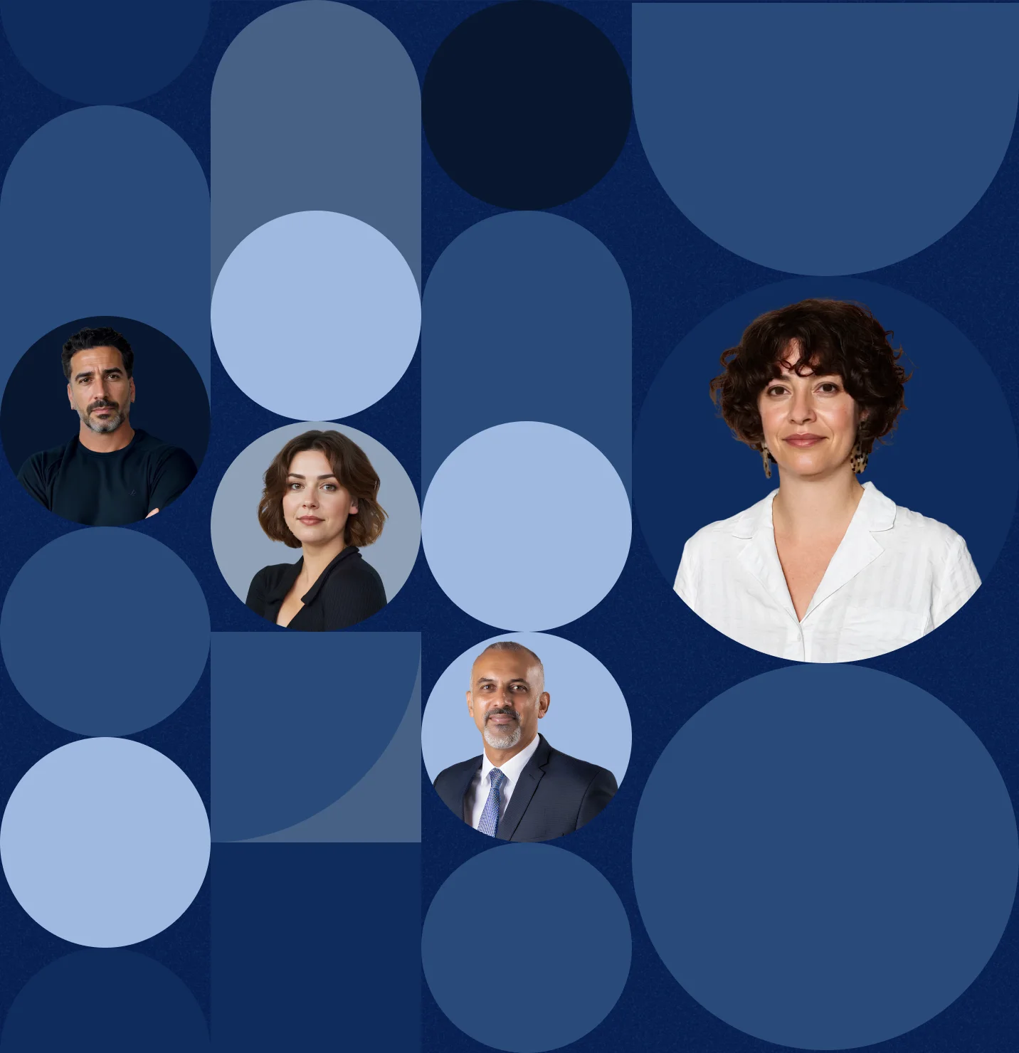 Portraits de collaborateurs sur fond jaune avec motifs g&eacute;om&eacute;triques v1