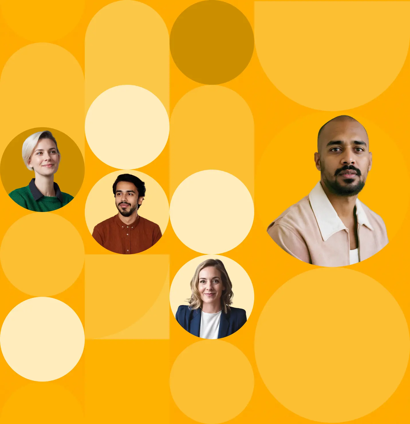 Portraits de collaborateurs sur fond jaune avec motifs g&eacute;om&eacute;triques.