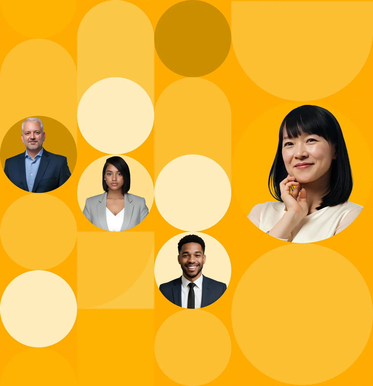 Portraits de collaborateurs sur fond jaune avec motifs g&eacute;om&eacute;triques v2