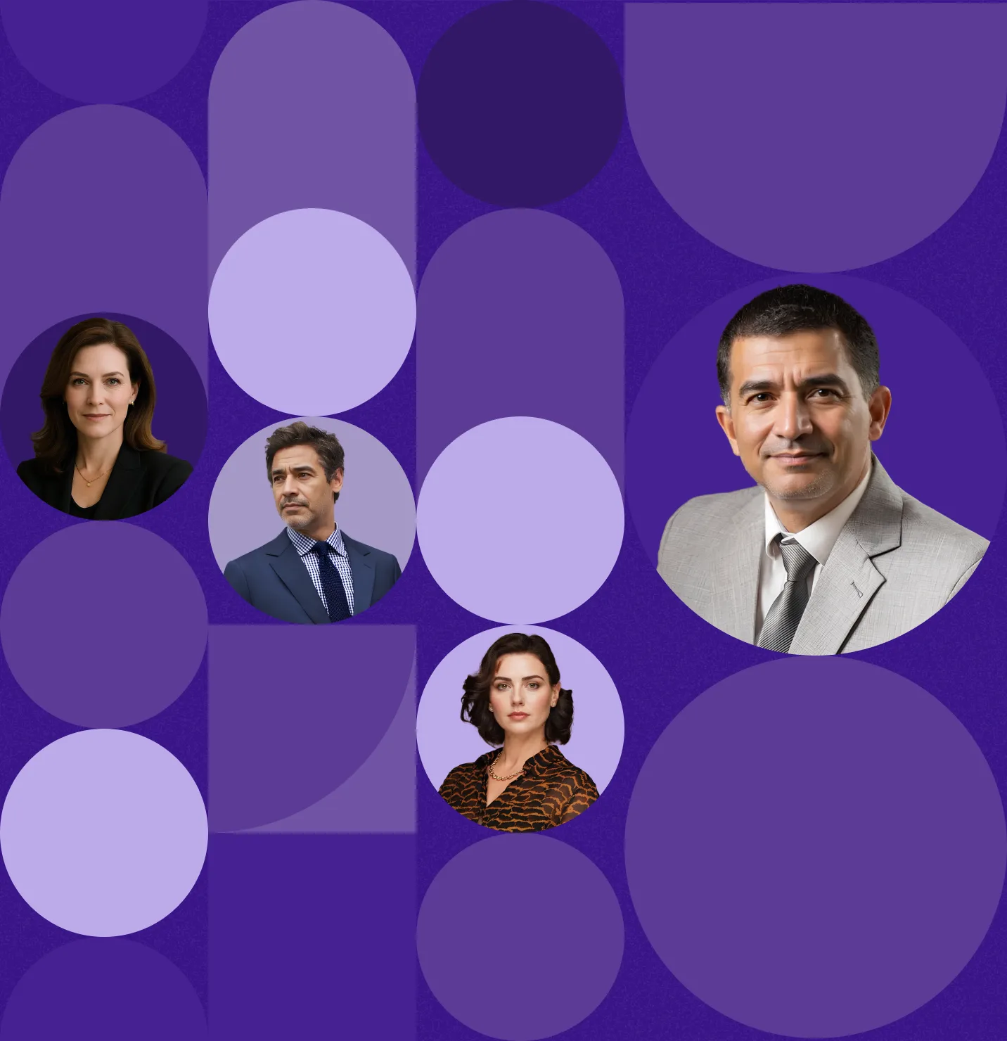 Portraits de collaborateurs sur fond violet avec motifs g&eacute;om&eacute;triques 1