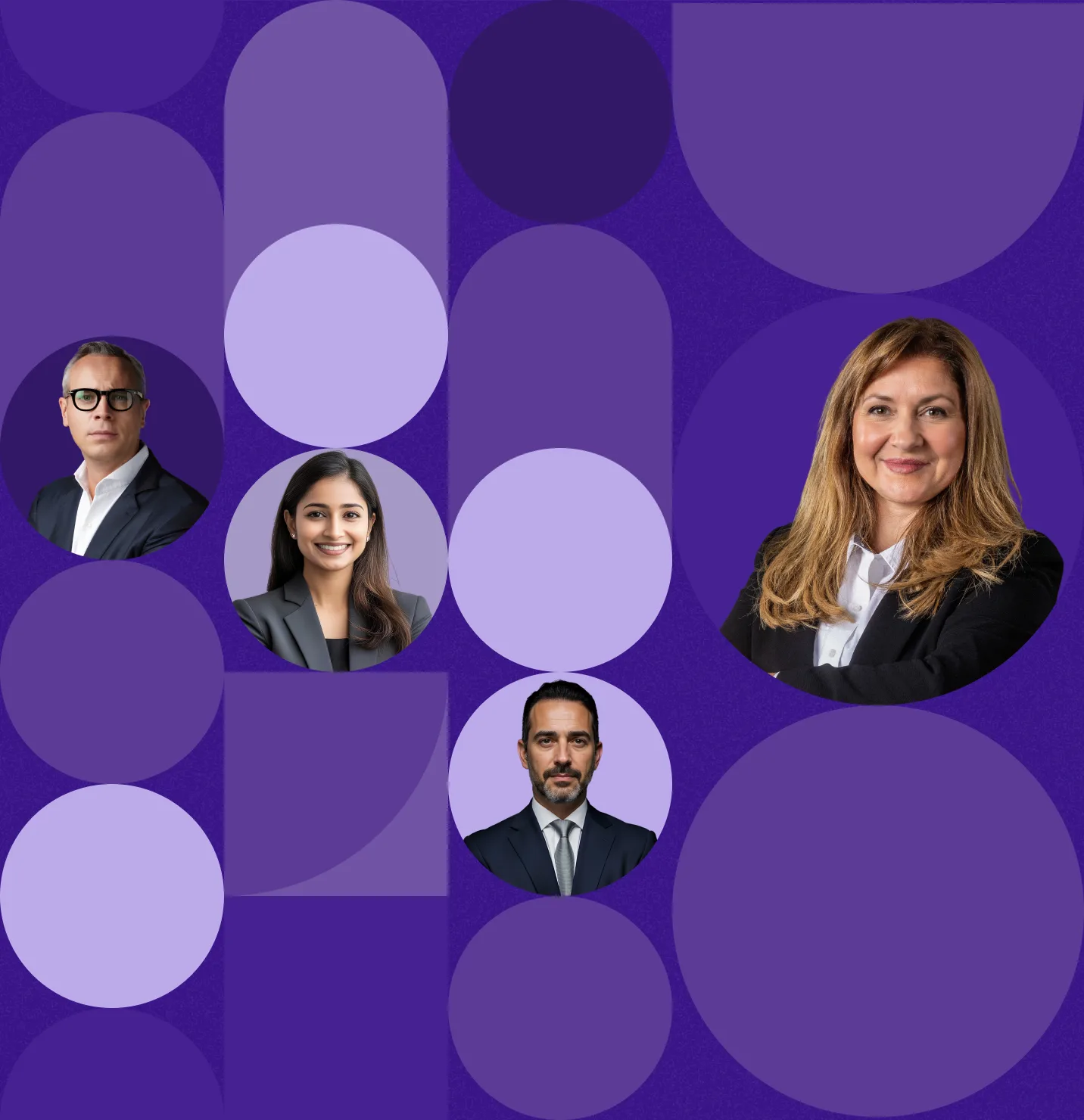 Portraits de collaborateurs sur fond violet avec motifs g&eacute;om&eacute;triques 2