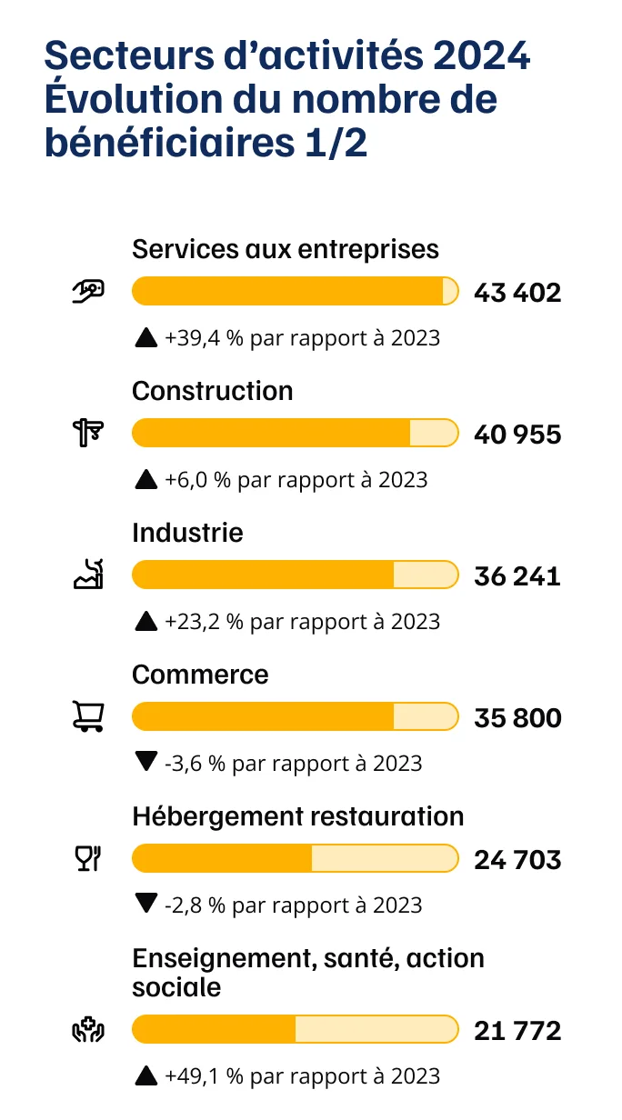 infographie sur les secteurs d'activit&eacute;s et l'&eacute;volution du nombre de salari&eacute;s en 2024
