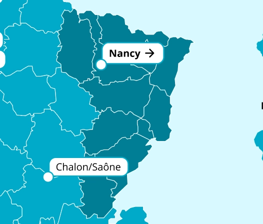 Carte de l'Est de la France montrant le centre CGEA de Nancy et ses d&eacute;partements couverts
