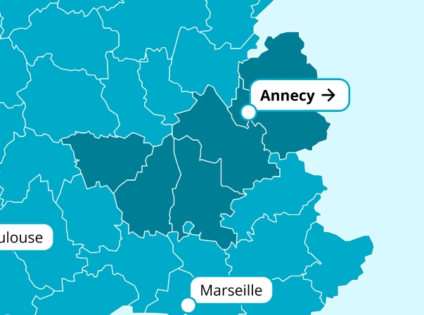 Carte du sud-est de la France montrant le centre CGEA d&rsquo;Annecy et ses d&eacute;partements couverts.