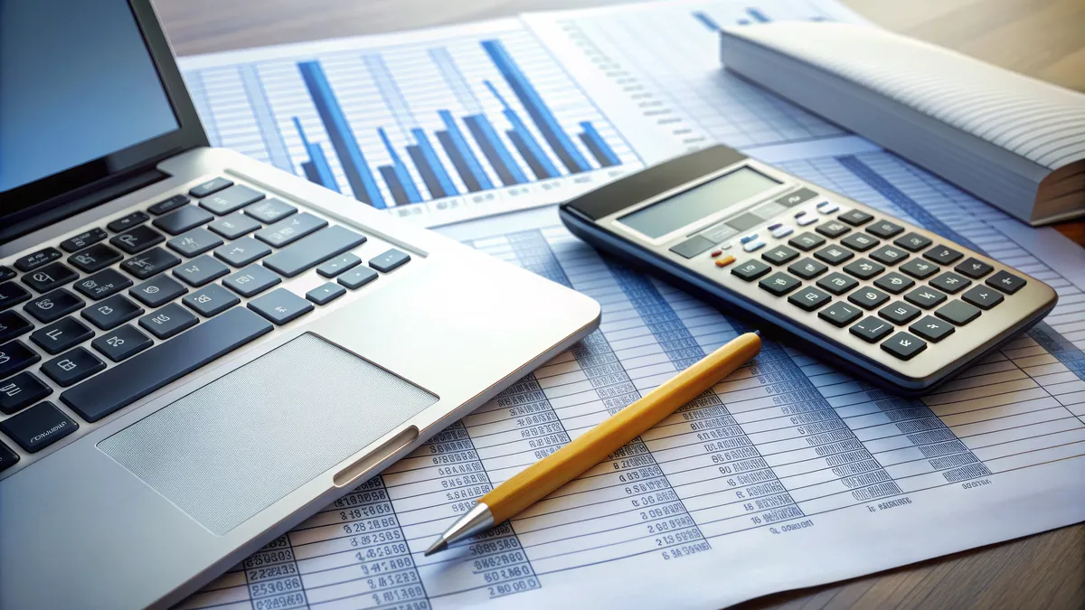 Ordinateur portable, calculatrice et documents financiers pos&eacute;s sur une table