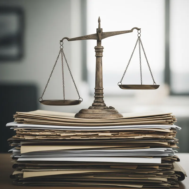 Balance de la justice pos&eacute;e sur une pile de dossiers