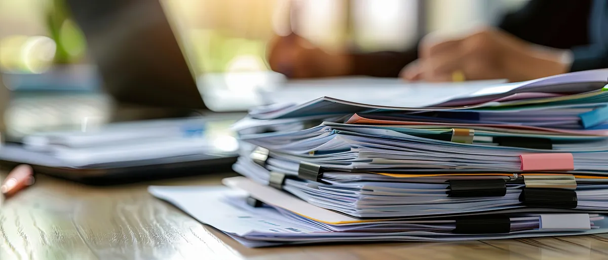 Pile de dossiers administratifs empil&eacute;s sur un bureau